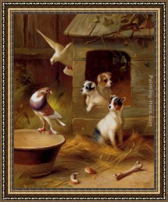 Feeding The Pigeons Framed Paintings - Pigeons And Puppies by Edgar Hunt