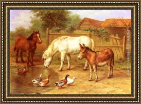 Mallard Duck Framed Paintings - Ponies, Donkey and Ducks in a Farmyard by Edgar Hunt