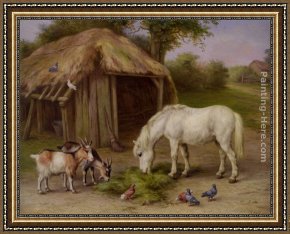 Goats, Framed Paintings - Pony and Goats in a Farmyard by Edgar Hunt