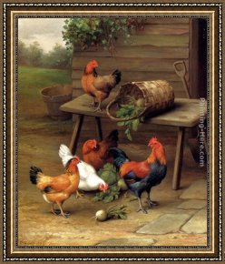 Ponies, a Calf And Poultry in a Farmyard Framed Paintings - Poultry In A Barnyard by Edgar Hunt