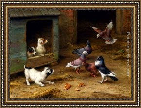 Feeding The Pigeons Framed Paintings - Puppies and Pigeons playing by a Kennel by Edgar Hunt