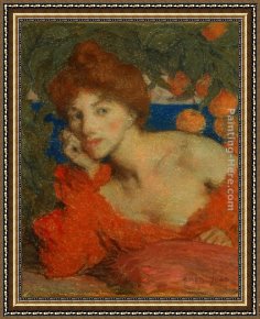 Jeune Femme Traversant Le Boulevard Framed Paintings - Sous les Orangers (Femme &agrave; Amalfi) by Edmond Francois Aman-Jean
