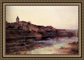 French Framed Paintings - A French River Town by Edmond Marie Petitjean