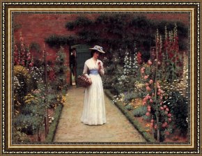 Leighton Framed Paintings - Lady in a Garden by Edmund Blair Leighton