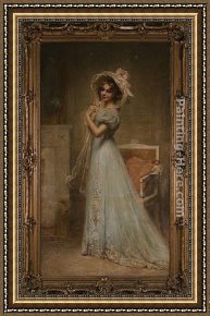 Lady Plays The Blues Framed Paintings - Lady in Blue by Edouard Cabane