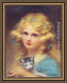 Young Girl Reading Framed Paintings - Portrait of a young girl holding a kitten by Edouard Cabane