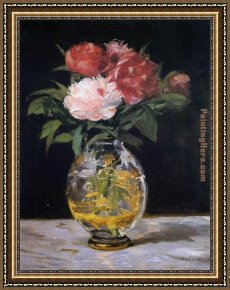 A Bouquet of Roses And Other Flowers in a Glass Goblet with a Chinese Lacquer Box And a Nautilus Cup on a Red Velvet Draped Table Framed Paintings - Bouquet of Flowers by Edouard Manet