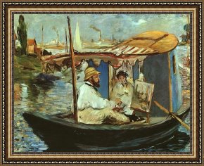 Argenteuil Framed Paintings - Claude Monet working on his boat in Argenteuil by Edouard Manet