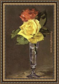 A Bouquet of Roses And Other Flowers in a Glass Goblet with a Chinese Lacquer Box And a Nautilus Cup on a Red Velvet Draped Table Framed Paintings - Roses in a Champagne Glass by Edouard Manet