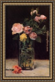 A Bouquet of Roses And Other Flowers in a Glass Goblet with a Chinese Lacquer Box And a Nautilus Cup on a Red Velvet Draped Table Framed Paintings - Roses in a Glass Vase by Edouard Manet