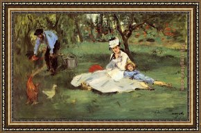 Family Making Music Framed Paintings - The Monet Family In The Garden by Edouard Manet