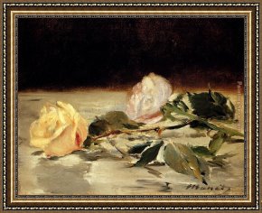 Park of Rose Framed Paintings - Two Roses On A Tablecloth by Edouard Manet