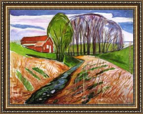 Spring Framed Paintings - Spring landscape at the red house 1935 by Edvard Munch