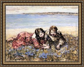 The Seashore Framed Paintings - Gathering Flowers by the Seashore by Edward Atkinson Hornel