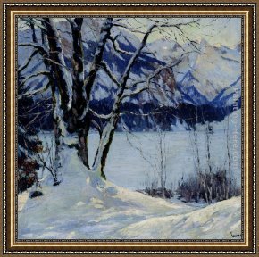 Landscape with a Lake Framed Paintings - A Frozen Lake In A Mountainous Winter Landscape by Edward Cucuel