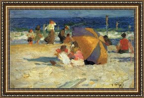 Edward Henry Potthast Framed Paintings - Beach Umbrella by Edward Henry Potthast