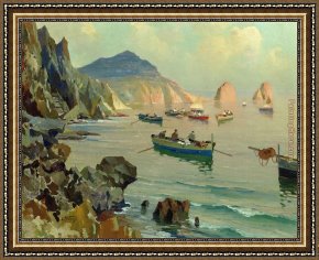 Edward Henry Potthast Framed Paintings - Boats in a Rocky Cove by Edward Henry Potthast