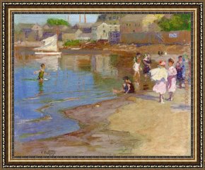 Child Framed Paintings - Children Playing at the Beach by Edward Henry Potthast