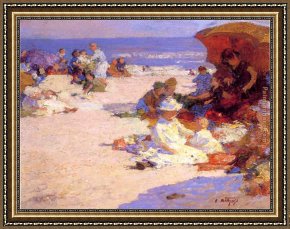 Edward Henry Potthast Framed Paintings - Picknickers on the Beach by Edward Henry Potthast
