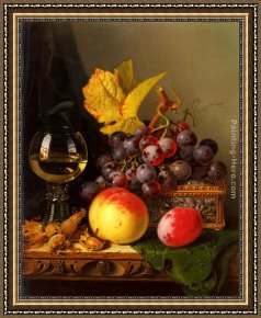 Violin And Glass Framed Paintings - A Still Life of Black Grapes, a Peach, a Plum, Hazelnuts, a Metal Casket and a Wine Glass on a Carved Wooden Ledge by Edward Ladell