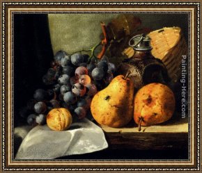 Pear Framed Paintings - Pears, Grapes, A Greengage, Plums A Stoneware Flask And A Wicker Basket On A Wooden Ledge by Edward Ladell