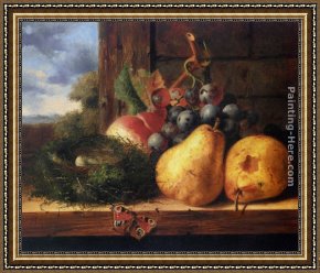 Birds Framed Paintings - Still life with a birds nest and fruit by Edward Ladell
