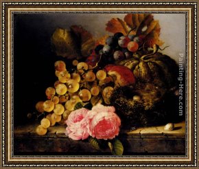 Still Life with Melon And Peaches Framed Paintings - Still Life With A Birds Nest, Roses, A Melon And Grapes by Edward Ladell