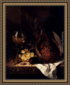 Flushing a Pheasant Framed Paintings - Still Life with a Pheasant, Grapes, Hazelnuts and a Hock Glass on a wooden Ledge by Edward Ladell