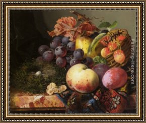 Birds Framed Paintings - Still Life with Birds Nest and Fruit by Edward Ladell