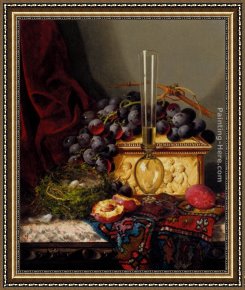Birds Framed Paintings - Still Life With Fruit, Birds Nest, Glass Vase And Casket by Edward Ladell