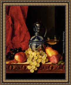 A Bouquet of Roses And Other Flowers in a Glass Goblet with a Chinese Lacquer Box And a Nautilus Cup on a Red Velvet Draped Table Framed Paintings - Still Life With Grapes, A Peach, Plums And A Pear On A Table With A Wine Glass And A Flask by Edward Ladell