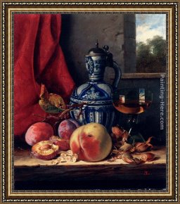 Still Life with Melon And Peaches Framed Paintings - Still Life with Peaches, Whitecurrants, Hazelnuts, a Glass and a Stoneware Jug on a wooden Ledge with a Landscape beyond by Edward Ladell