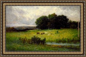 Cattle in a Pasture Framed Paintings - Bright Scene of Cattle near Stream by Edward Mitchell Bannister