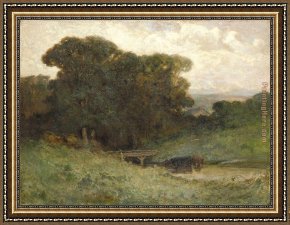 Bridge Framed Paintings - forest scene with bridge, cows in stream in foreground by Edward Mitchell Bannister