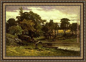 Man with Scythe Framed Paintings - landscape, boat moored near stream, man walking in foreground by Edward Mitchell Bannister