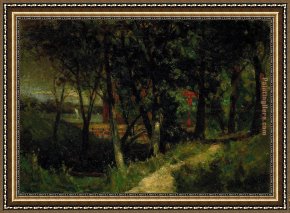 Landscape with Noli Me Tangere Scene Framed Paintings - landscape, forest scene with red fence and building by Edward Mitchell Bannister