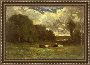 An Autumn Landscape with Cows Near a Stream Framed Paintings - landscape with cows and trees by Edward Mitchell Bannister