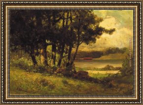 A River Landscape in Springtime Framed Paintings - landscape with cows grazing near river by Edward Mitchell Bannister