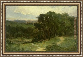 An Autumn Landscape with Cows Near a Stream Framed Paintings - landscape with road near stream and trees by Edward Mitchell Bannister