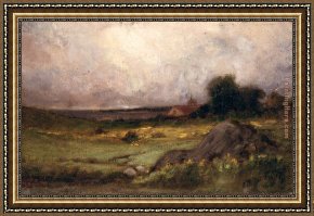 Landscape with a Lake Framed Paintings - landscape with rock in foreground and roof with steeple, lake in background by Edward Mitchell Bannister