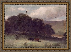An Autumn Landscape with Cows Near a Stream Framed Paintings - landscape with trees and two cows in meadow by Edward Mitchell Bannister