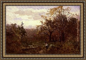 A Wooded Landscape Framed Paintings - landscape, woman carrying wood by Edward Mitchell Bannister