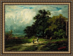Man with Scythe Framed Paintings - man on horse with woman and dog by Edward Mitchell Bannister
