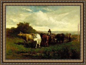 Lovers Man And Woman Framed Paintings - man on horseback, woman on foot driving cattle by Edward Mitchell Bannister