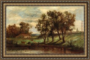 Man with Scythe Framed Paintings - man with cows grazing near pond with house and trees in background by Edward Mitchell Bannister