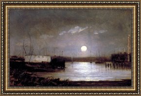 Hamlet Play Scene Framed Paintings - moon over a harbor, wharf scene with full moon and masts of boats by Edward Mitchell Bannister