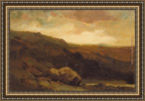 An Autumn Landscape with Cows Near a Stream Framed Paintings - mountainous landscape with rock and stream in foreground by Edward Mitchell Bannister