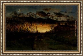 Tavern of The Crescent Moon Framed Paintings - sunset with quarter moon and farmhouse by Edward Mitchell Bannister