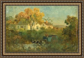 Pools of Serenity Framed Paintings - The Drinking Pool (man in cart with oxen at pool) by Edward Mitchell Bannister