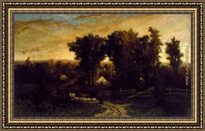 Cattle in a Pasture Framed Paintings - woman with cattle and sheep at dusk by Edward Mitchell Bannister